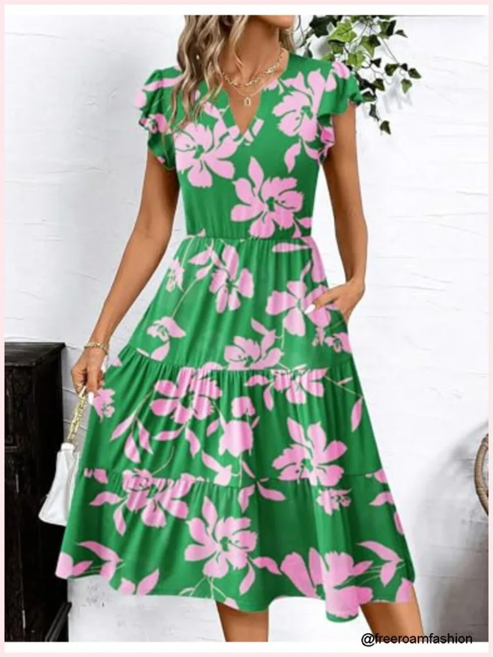 Flowy Midi Dress with Pockets Ruffle Sleeve Boho Sundress